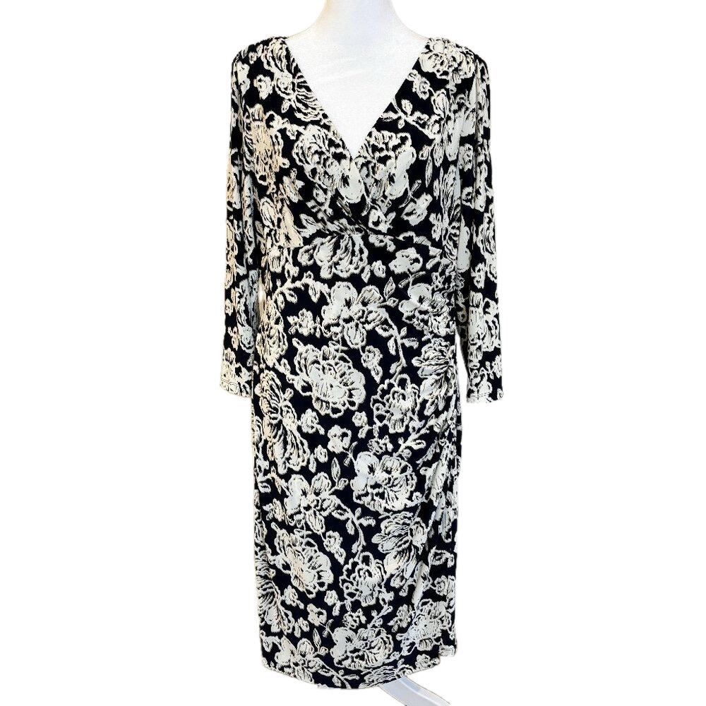 Ralph Lauren Dress Blue, White, Taupe Floral Pattern, V- Neck, Sinching, Size 12